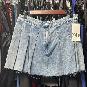 Zara Light Blue Pleated Denim Skirt